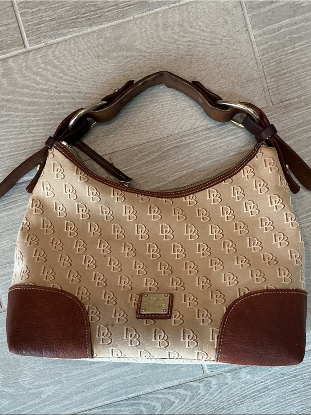 Dooney & Bourke Beige and Brown Signature Hobo Shoulder Bag vintage